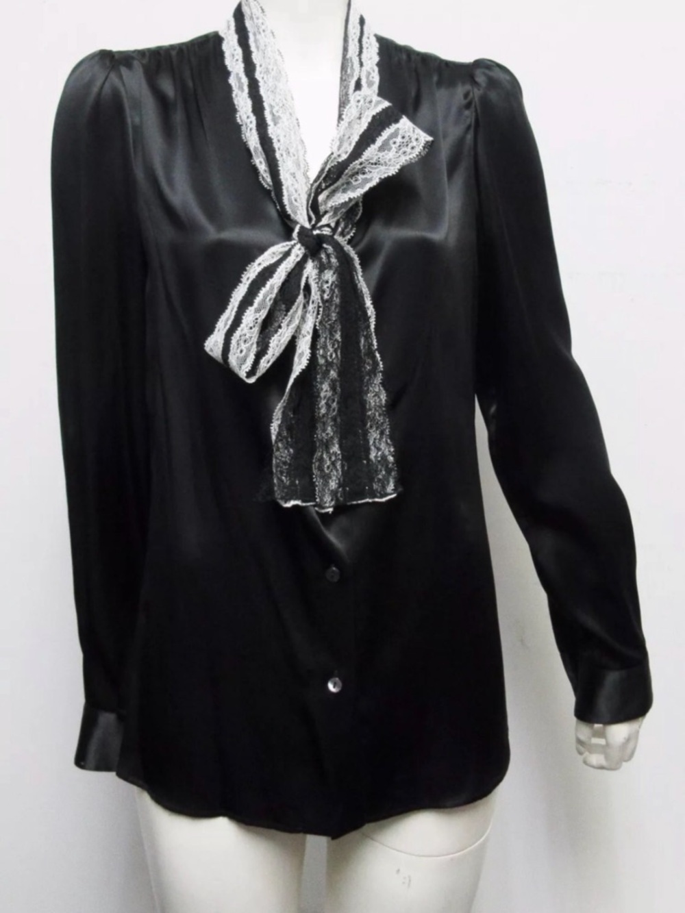 NWT $1,020 DOLCE & GABBANA Black Silk Lace-Trim Tie Neck Bow Blouse Size 42